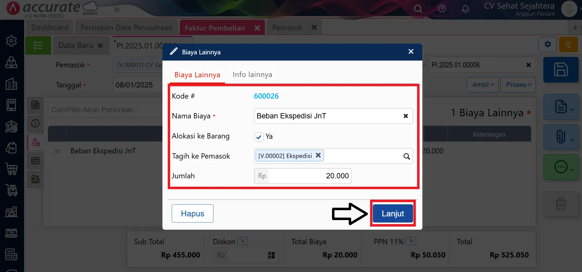 mencatat beban pembelian ke cost nilai persediaan